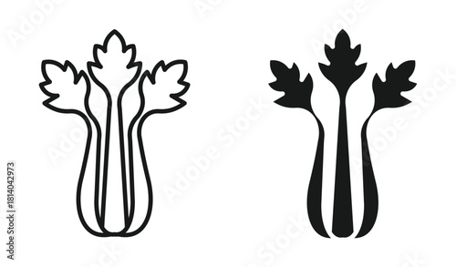 Celery icon set in outline and silhouette style, representing vegetables, healthy food, and nutrition, vector illustration.