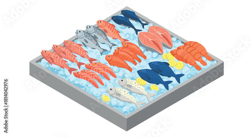 Fresh seafood display on ice tray with fish, salmon, and shrimp