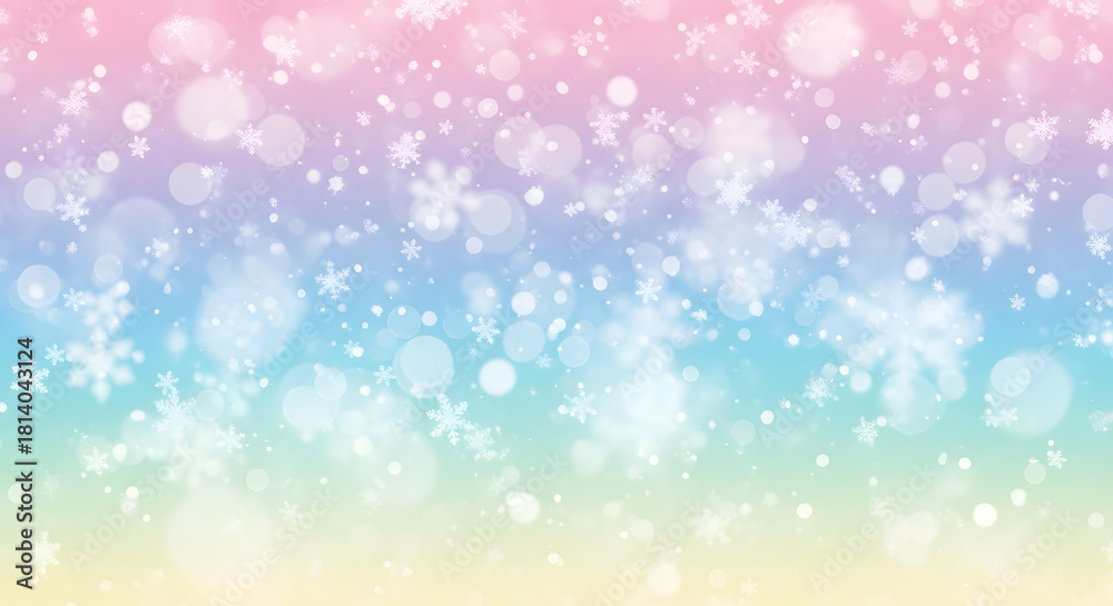 Fototapeta premium Winter Wonderland Abstract: A pastel rainbow sky is adorned with delicate snowflakes, creating a dreamy and ethereal ambiance perfect for the winter season and winter holidays.