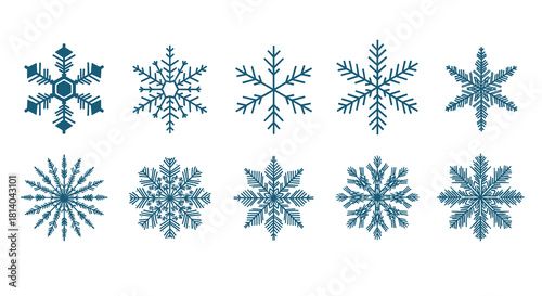 Collection of Intricate Blue Snowflakes Floating on White Background: Winter Holiday Season Decorations, Christmas & New Year's Greetings, Graphic Design Elements for Festive Events, Vector Illustrati
