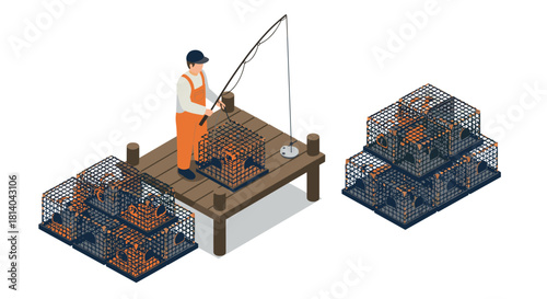 Isometric crab fisherman on pier with traps in nautical scene
