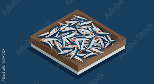 Isometric box of fish on blue background  seafood, fresh catch, maritime theme