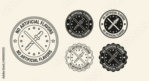No Artificial Flavors Stamp Set for Food Packaging & Labels: Product Guarantee Illustration, Modern Clean Eating Concept, Badge Collection for Natural Food Marketing, Dietary Awareness Graphics, Healt