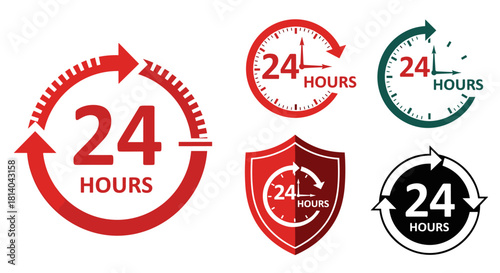 Diverse 24/7 Availability Icons Representing Round-the-Clock Service for Global Business & Support, Indicating Reliability & Constant Operation in Modern Red, Green, & Black Designs, Perfect for Marke