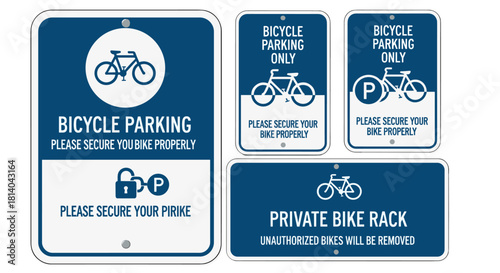 Informational Bicycle Parking Signage Set Indicating Designated Areas and Security Measures, Ideal for Urban Planning, Community Spaces, Promoting Eco-Friendly Transportation and Safe Bike Storage Sol