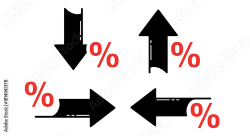 Financial Percentage Trends and Market Fluctuations: Illustrating Business Growth, Decline, and Economic Shifts in Modern Finance, Marketing Presentations, and Data Analysis Visuals (Flat Design, Red