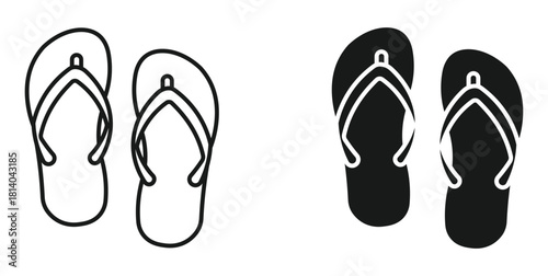 Flip-flops icon set in outline and silhouette style, representing footwear, vacation, and summer lifestyle, vector illustration.