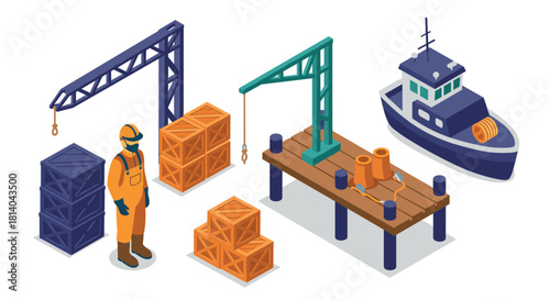 Isometric maritime scene with worker, cargo, crates, and ship at dock