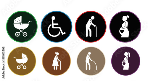Inclusive Signage Set Representing Diverse Needs: A Compilation of Icons Promoting Accessibility for All, Including Expectant Mothers, Parents with Strollers, Seniors, and People with Disabilities in