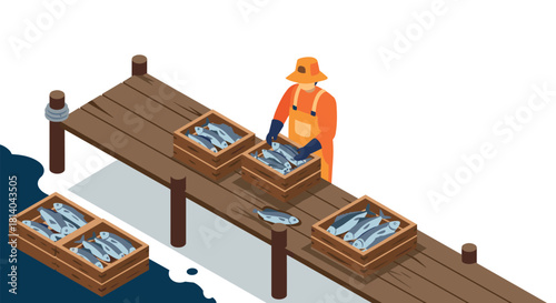 Fisherman sorting freshly caught fish on dock in isometric style
