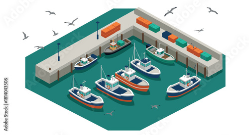 Isometric harbor scene with fishing boats and seagulls in a vibrant dock setting