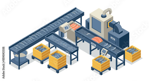 Isometric fish processing plant with conveyor belts and machinery