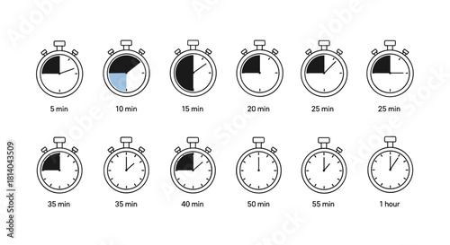 Timing Workflow: Stopwatch Icons Show Incremental Time for Task Management in Business and Education, Minimalist Black and White Countdown Graphics for Presentations and Marketing (Timekeeping, Deadli