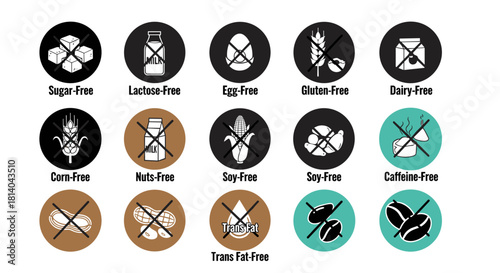 Allergen-Free Food Icons Set Presenting Dietary Restrictions for Healthy Living, Including Sugar-Free, Lactose-Free, Egg-Free, Gluten-Free, Dairy-Free, Corn-Free and Nuts-Free in a Healthcare Setting
