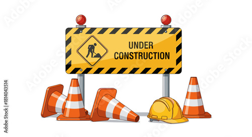 Yellow Under Construction Sign with Worker Graphic near Orange Traffic Cones and Hardhat for Road Work Projects and Safety Awareness, Illustrative Vector Graphic for Presentations, Websites, Print Med