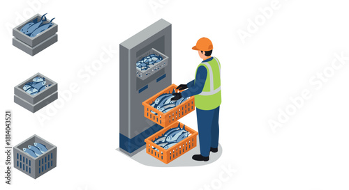 Isometric worker handling fish containers at seafood storage facility