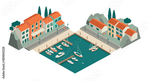 Charming harbor scene with boats and colorful houses in isometric design