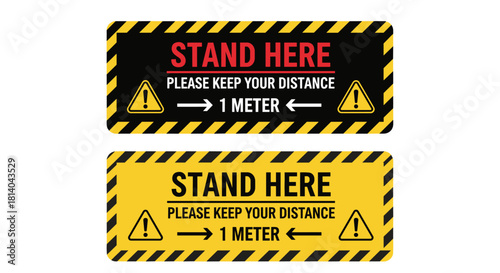 Social Distancing Floor Signage Set Promoting Safety Measures for Public Health in Retail Spaces, Offices, and Healthcare Environments Emphasizing 1-Meter Distance with Caution Stripes for Coronavirus