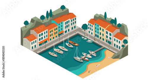 Isometric coastal town with boats and colorful buildings