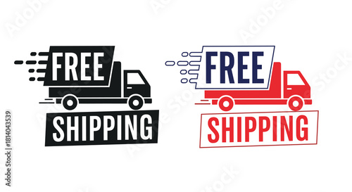 Free Shipping Truck Icons Delivering E-commerce Orders: Fast Delivery Transport Symbols for Online Shopping Retail Business Promotion and Marketing Graphics, Express Service, Isolated Vector Illustrat