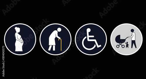 Illustrations of Support for Vulnerable Groups Pictogram Set in White & Blue on Black Background Offering Reserved Parking, Seating & Priority Service for Pregnant, Elderly, Disabled & Parents with Ch