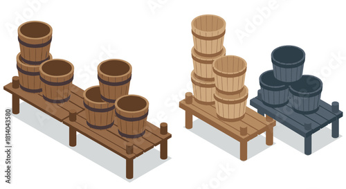 Isometric wooden barrels on platforms rustic storage arrangement