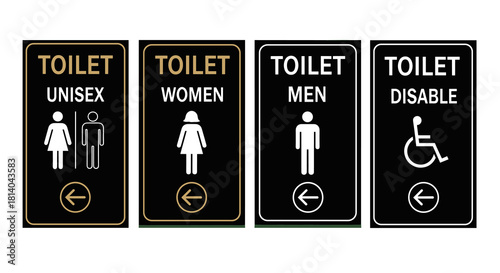 Toilet Signage Directing Patrons with Clear Gender-Neutral, Women's, Men's, and Disability Symbols Guiding Towards Bathroom Facilities in a Modern Business Environment, Ideal for Healthcare Presentati