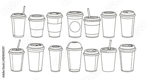 Collection of Paper Coffee Cups Ready for Beverages: A Black and White Line Art Compilation for Cafes, Restaurants, and To-Go Services, Ideal for Menu Design, Marketing Materials, and Branding with a