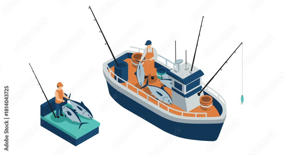 Obraz premium Fishing boat with fishermen catching tuna in isometric design with fishing rods