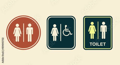 Restroom Gender Signage Set Guiding Public Space Navigation, Symbolizing Inclusivity and Accessibility: Featuring Universal Toilet Icons for Male, Female, and Handicap-Accessible Facilities in Modern