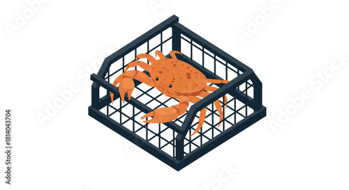 Isometric crab in cage marine life and fishing industry concept