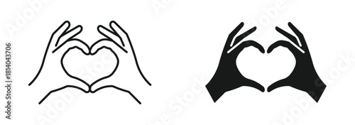 Hands forming heart icon set in outline and silhouette style, representing love, care, and compassion, vector illustration. 