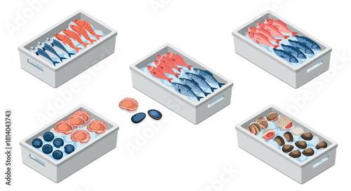 Isometric fresh seafood variety in boxes with fish and shellfish