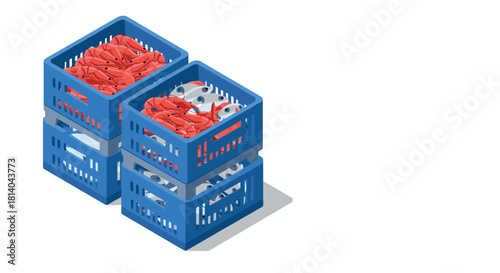 Isometric crate with fresh lobsters and fish on white background