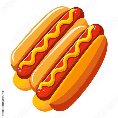Two hot dogs in soft buns topped with ketchup and mustard, arranged side-by-side on a clean white backdrop. High-resolution detail with a natural studio look.