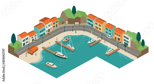 Charming coastal village harbor scene with boats and colorful houses in isometric design