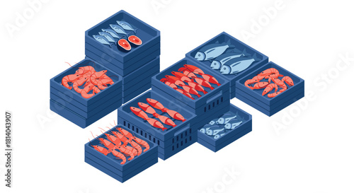 Isometric seafood market display with crates of fresh fish and shrimp