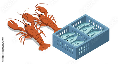 Isometric seafood market lobsters and fish crate