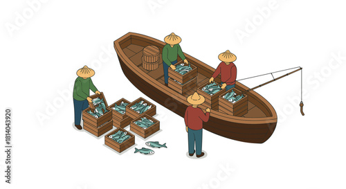 Isometric fishing scene with workers loading fish on wooden boat