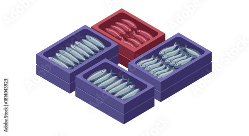 Isometric boxes of fresh fish red and purple containers with sardines and mackerel