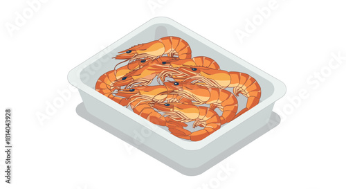 Fresh shrimp in container isometric seafood illustration for culinary use