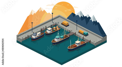 Isometric port scene with fishing boats and cargo containers at sunset