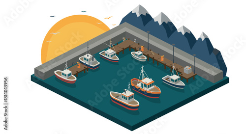 Isometric harbor scene with fishing boats at sunset near snowy mountains