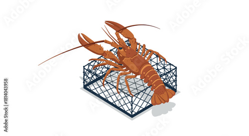 Isometric lobster crawling over fishing trap on white background