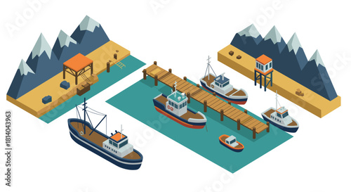 Isometric maritime harbor scene with fishing boats and mountainous landscape