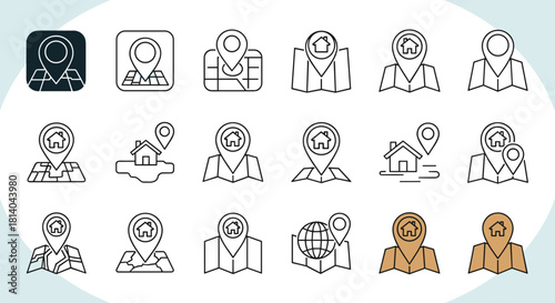 Real Estate Mapping and Navigation Icons Illustrating Location and Property Search, Representing Global Business Expansion and Modern Technology for Travel and Direction Applications, Featuring Profes