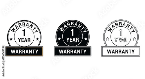 One Year Warranty Seal Design Presentation: Guarantee, Protection, Assurance & Support - Black, White & Outline Logos for Business, eCommerce & Retail Products Marketing (Modern, Simple, Minimalist, V