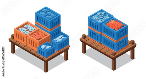 Isometric fish market display with wooden stand and colorful crates