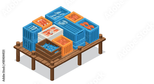 Isometric fish crates on wooden dock – fresh seafood market display