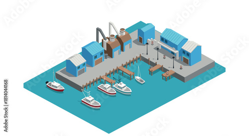 Charming isometric coastal harbor scene with fishing boats and warehouses